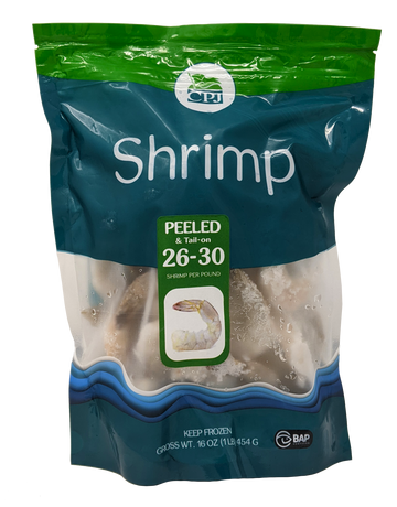Shrimp Peeled & Deveined Tail-On 26-30, 10/1lb CPJ