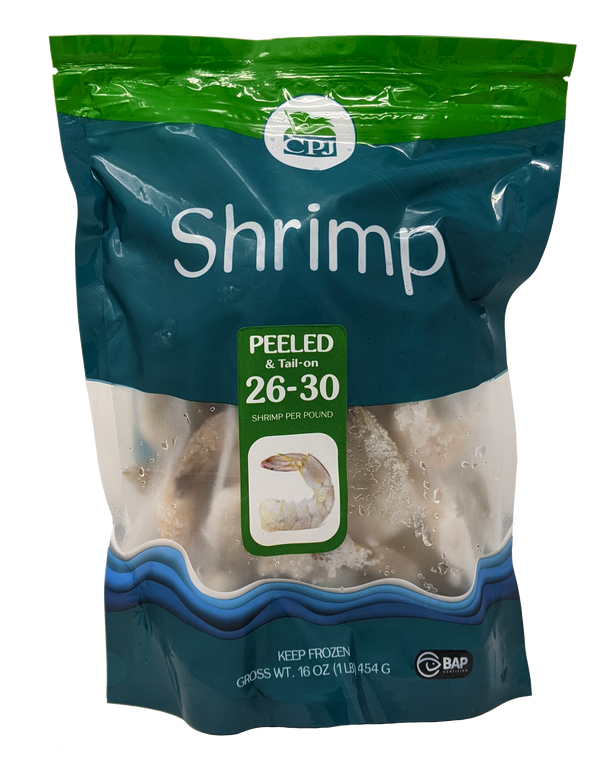 Shrimp Peeled & Deveined Tail-On 26-30, 10/1lb CPJ