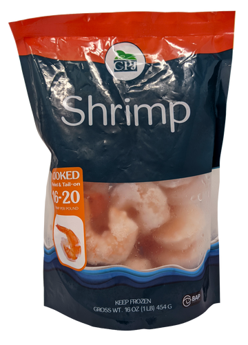 Shrimp Cooked Peeled & Deveined Tail-On 16-20, 10/1lb CPJ