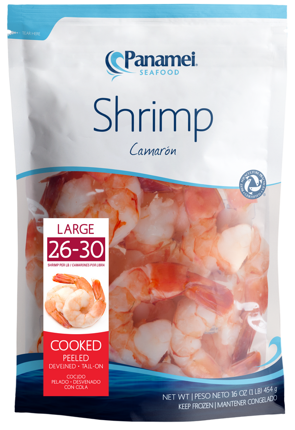 Shrimp Cooked Peeled & Deveined Tail-On 26-30, 10/1lb Panamei